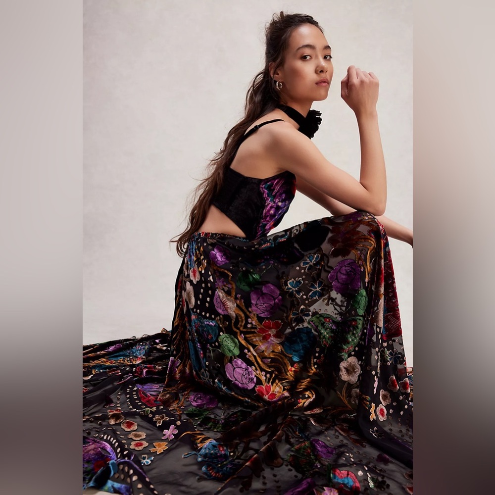 Free People Black Velvet Maxi Dress with Multicolor Floral & Butterfly Print - Picture 2 of 4